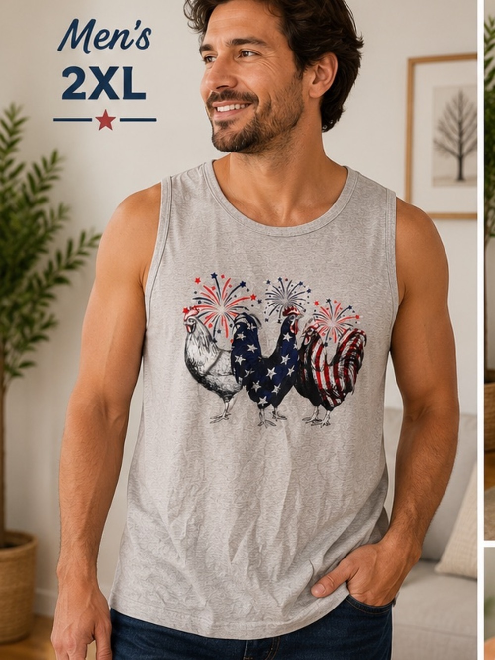 Hand Crafted Gray Tank with Patriotic Rooster Trio